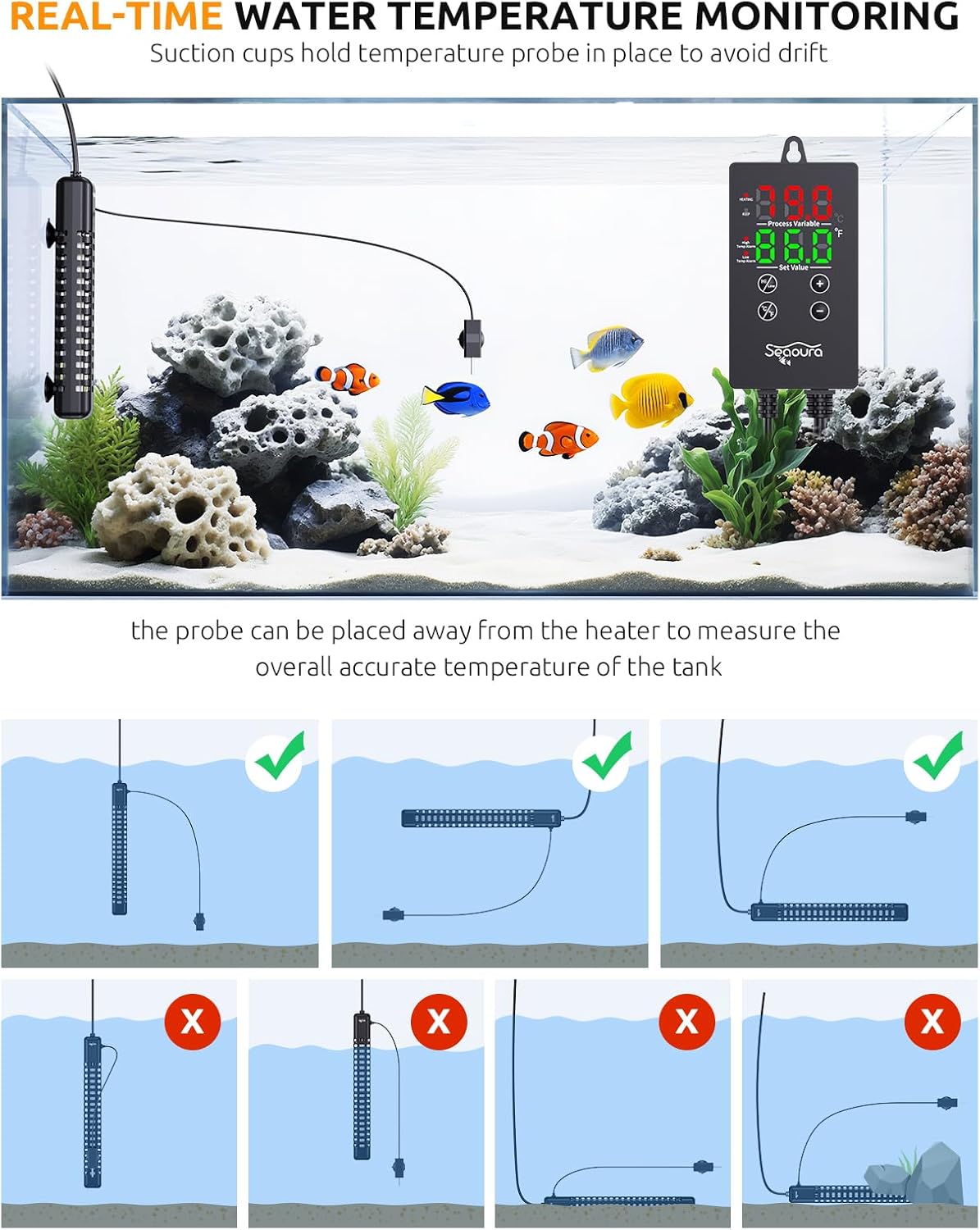 SEAOURA Aquarium Heater, 300W Fish Tank Heater for 50-60 Gallon, Submersible Heater for Fish Tank with Over-Temperature Protection, Automatic Power-Off, Saltwater Freshwater
